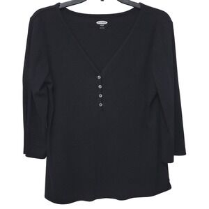 Old Navy Henley Top Womens L Black Slim Fit 3/4 Sleeve Ribbed V-Neck Casual Chic